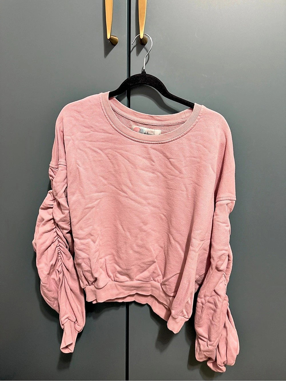 FP Beach Ruched Sleeve Sweatshirt in Pink Size Medium